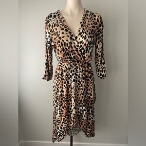 Mira & Co Italy Leopard Print Wrap Style Midi Dress Tulip High Low Hem Large